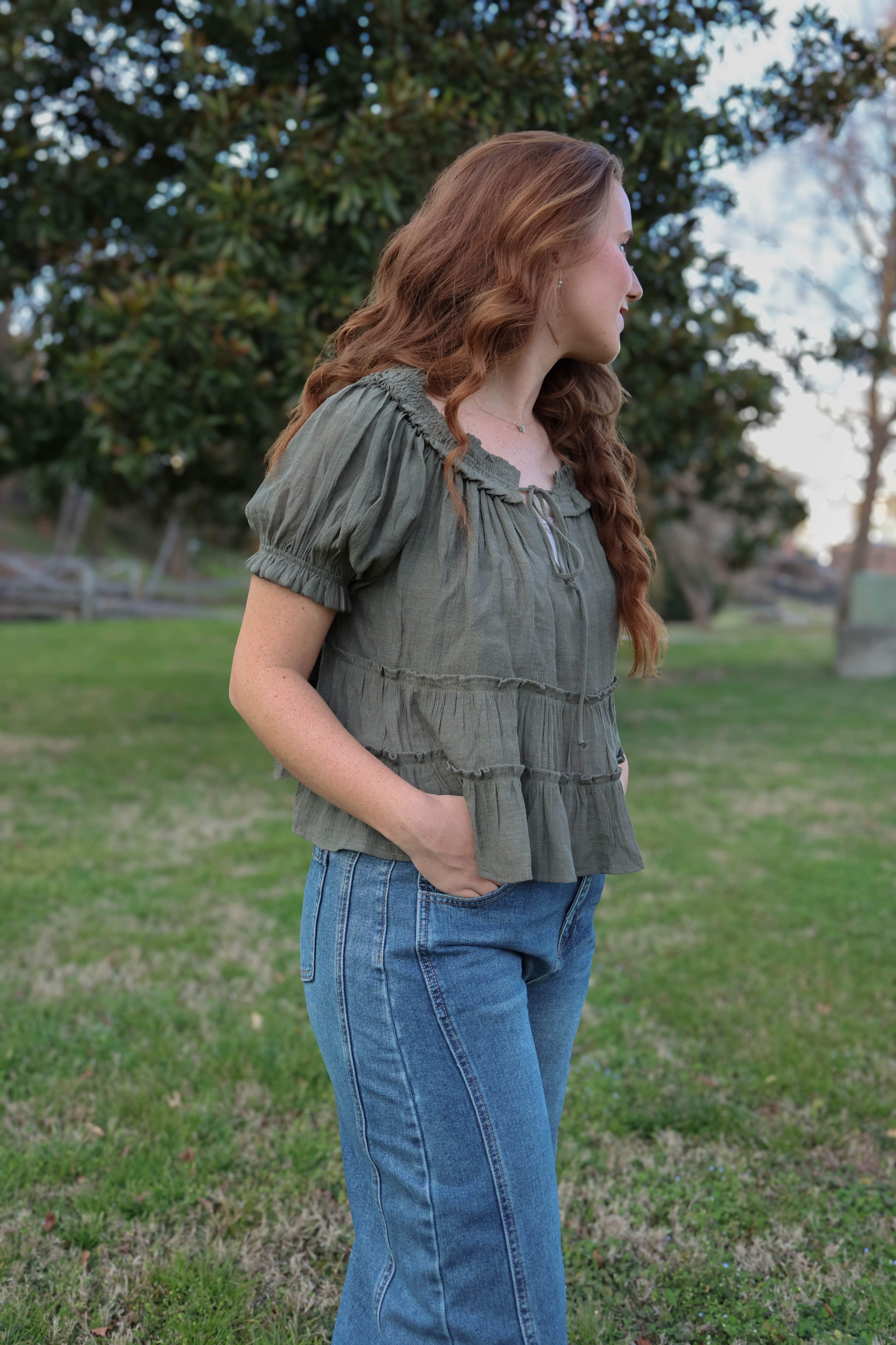 Olive Grove Ruffle Blouse